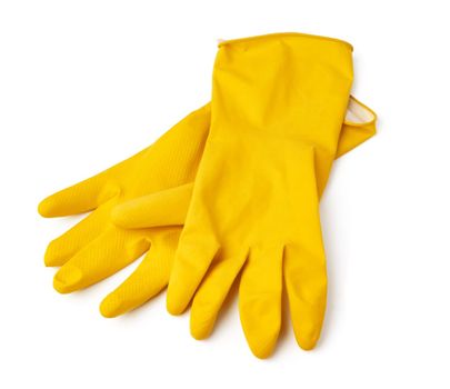 Latex protective gloves isolated on white background, close up
