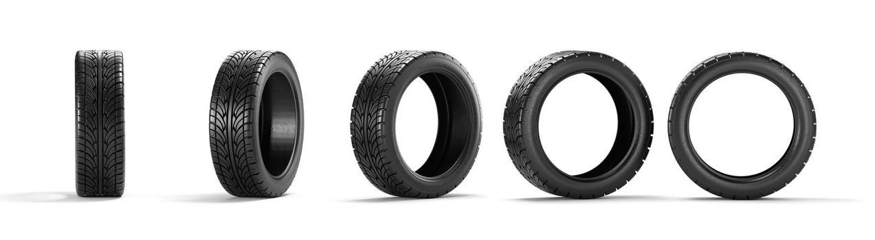 Five car tires on a white background, 3D rendering illustration.
