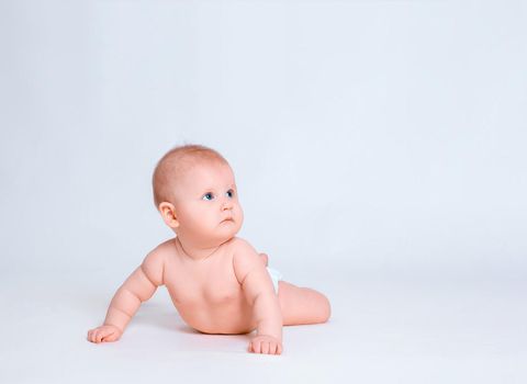 Cute baby girl on white background Baby in diaper