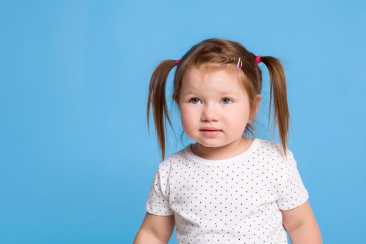 A cute little girl is smiling on a blue isolated background with pig tails for a happiness or childhood concept. Little girl in a white T-shirt