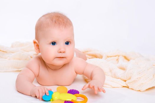 Cute baby girl on white background. Baby in diaper with toy