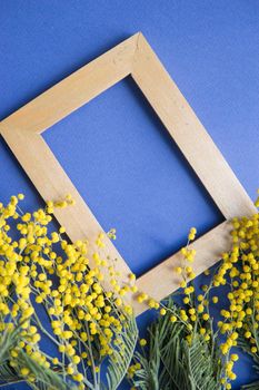 Spring concept, top view. Mimosa and gold frame on blue background. Mimosa close-up. Happy spring. Space for text.