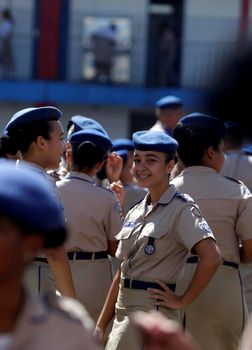 salvador, bahia, brazil - july 24, 2019: students from the College of the Military Police of Bahia are seen training in the school yard in the city of Salvador.