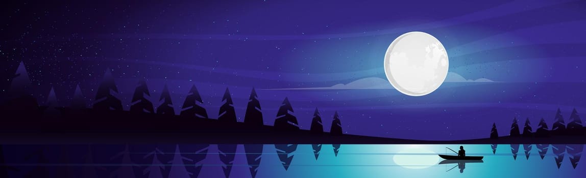 Mountain landscape, shining moon over night mountain lake - illustration