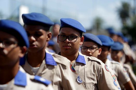 salvador, bahia, brazil - july 24, 2019: students from the College of the Military Police of Bahia are seen training in the school yard in the city of Salvador.