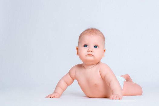 Cute baby girl on white background Baby in diaper