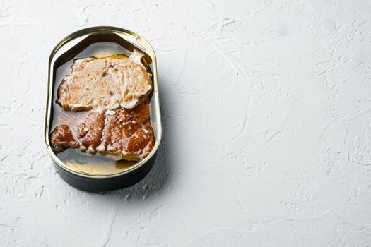 Wild Pink Salmon Canned smoked fish set, in tin can, on white background, with copyspace and space for text