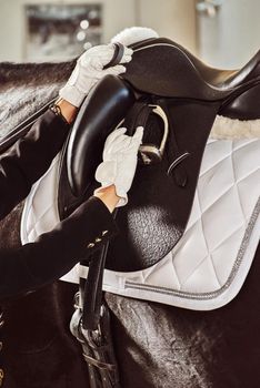 woman jockey with his horse in uniform for Dressage. close up