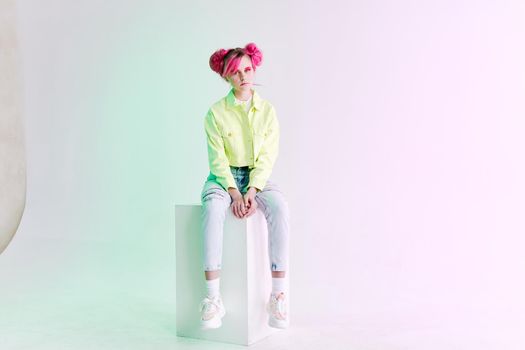 cheerful woman with pink hair creative lifestyle fun design. High quality photo