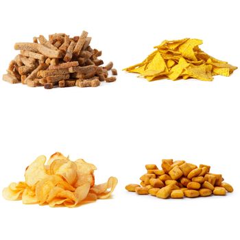 Salty snacks. Pretzels, chips, crackers collage