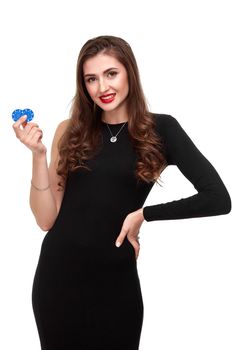 Sexy curly hair brunette in black dress posing with chips in her hands, poker concept isolation on white background Casino, poker, Roulette Blackjack Spin.