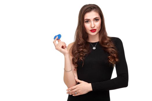 Sexy curly hair brunette in black dress posing with chips in her hands, poker concept isolation on white background Casino, poker, Roulette Blackjack Spin.