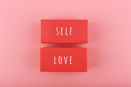 Trendy minimal self love creative concept in pink colors. Mental health, self acceptance, self care and respect or being single concept. Simple elegant composition