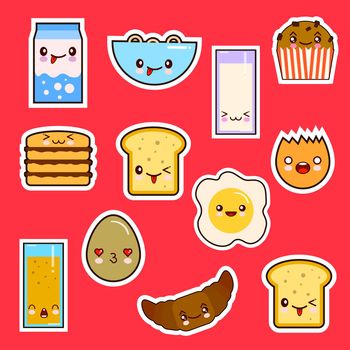 Kawaii Breakfast Food Set Cute faces emotion. illustration