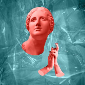 Modern conceptual art colorful poster with ancient statue of bust of Venus. Collage of contemporary art.
