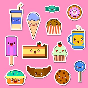 set of Kawaii food characters. sweets and candies emoticon stickers Illustration.