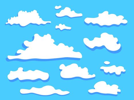 Cloud icon set white color . Sky flat illustration collection for web, art and app design. Different nature cloudscape weather symbols.