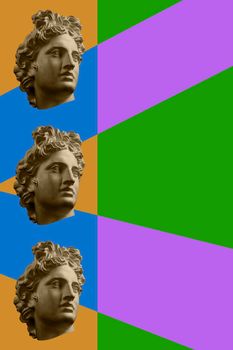 Contemporary art concept collage with antique statue head in a zine culture style. Beautiful young male face. Modern pop art.