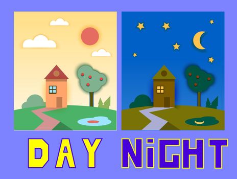 Day and night houses with trees. Concept flat style illustration.