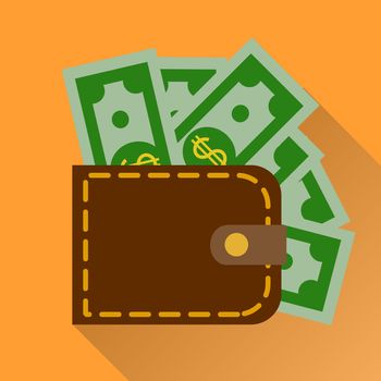Flat wallet with cash. illustration, icon with long shadow. Modern design