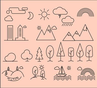 Set of linear icons of city landscape elements. Thin icons for web, mobile, print design. Illustration