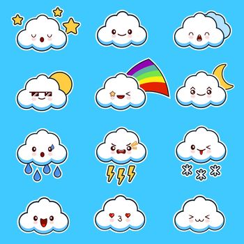 Cute smily clouds with faces set kawaii. Isolated on blue background. illustration