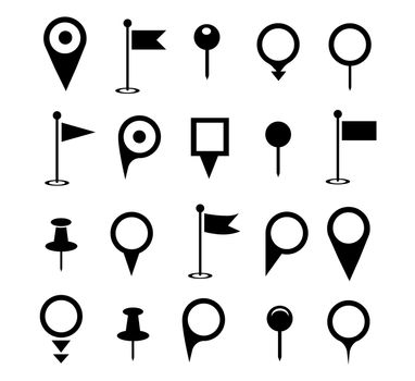 Map pin icons. black place pointer or location marker signs isolated on white background. Location pinpoint for gps navigation illustration