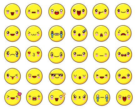 Big emotional face icons set kawaii.Flat design Illustration