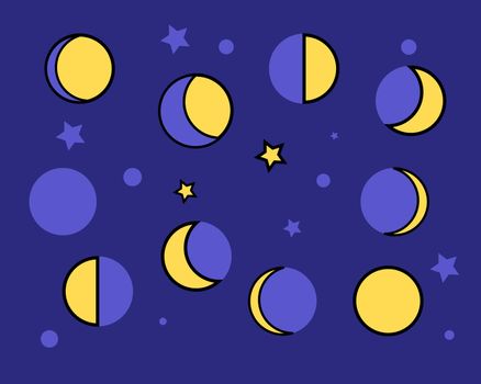 Yellow moon phases on a dark blue background. Illustration
