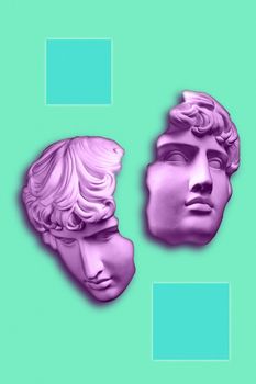 Collage with plaster antique sculpture of human face in a pop art style. Modern creative concept image with ancient statue head. Zine culture. Contemporary art poster. Retro design. Funky minimalism.