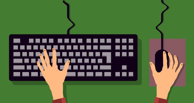 flat keyboard and hand. typing on keyboard and mouse. illustration