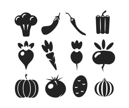 set of black silhouettes of various vegetables isolated on a white background. Illustration