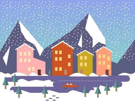 Winter Urban Landscape with Buildings, Street and Cars with Presents. Flat Design Style. illusration