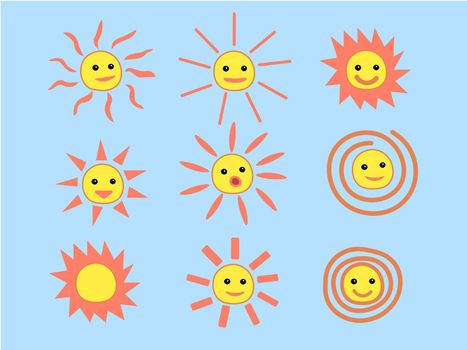 Set of Summer Sun Face with Happy Smile. Illustration