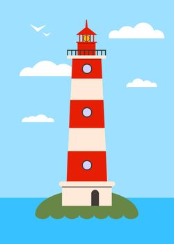 Lighthouse on Island with Navigation Light . Flat Illustration
