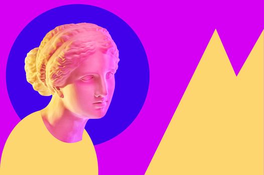 Statue of Venus de Milo. Creative concept colorful neon image with ancient greek sculpture Venus or Aphrodite head. Pink and yellowduotone effects. Webpunk, vaporwave and surreal art style.