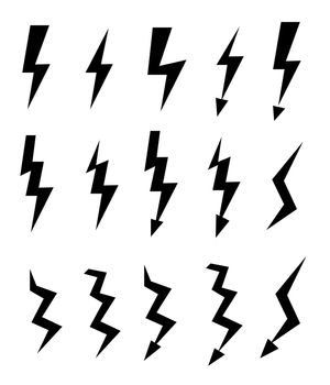 Set of icons representing lightning bolt, lightning strike or thunderstorm. Suitable for voltage, electricity and power signs. Illustration