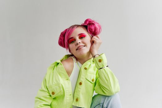 fashionable woman green jacket fashionable clothes studio model. High quality photo