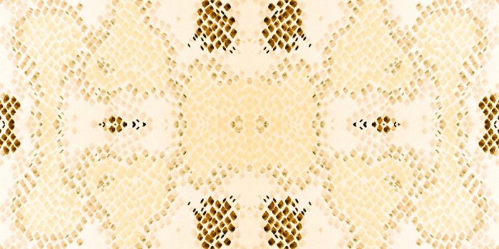 Seamless Snake Skin. Serpent or Phyton Wild Surface. Jungle Exotic Background. Yellow and Gold Border. Aquarelle Painted Cloth. Watercolor Snake Skin.