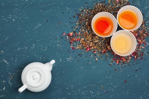 Different types of tea for ceremony, top view, free space