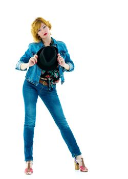 Beautiful young woman with a hat. Studio photo.Isolated on white background.