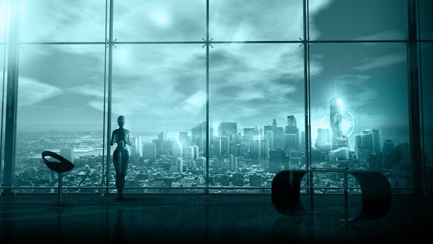 Sci-fi background with android standing in front of an office window overlooking the cityscape. 3D render.