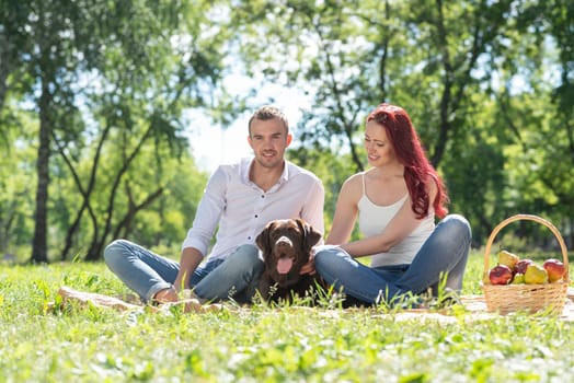 A couple and their dog in the park. Spending time with friends