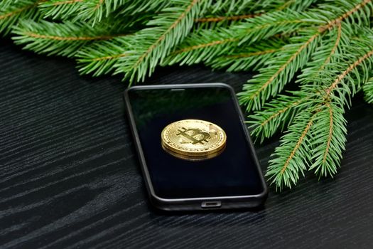 Coin crypto currency Bitcoin on the phone. Spruce branch on background