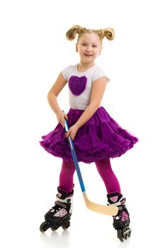 Cute little girl fun rollerblading. The concept of a healthy lifestyle, advertising. Isolated on white background.