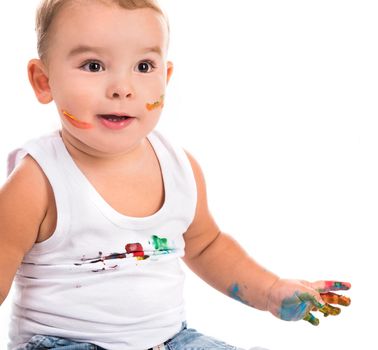 funny little boy with colored hand and face isolated on white background
