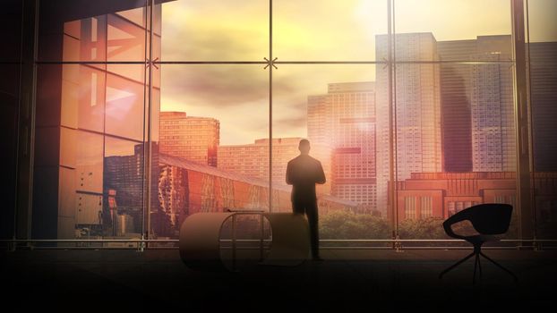 Silhouette of a businessman looking out of the window of a large office against the backdrop of the city buildings at sunset. 3D render.