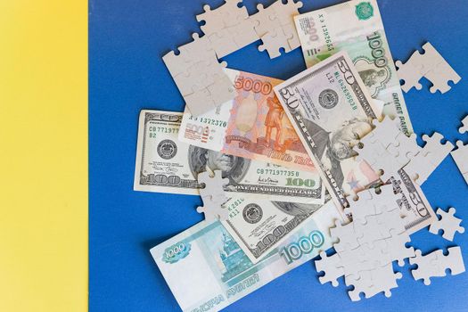 Missing jigsaw puzzle pieces on money dollar background, Business solution concept ,key for success