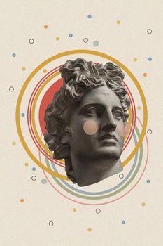 Art collage with antique sculpture of Apollo face and numbers, geometric shapes. Beauty, fashion and health theme. Science, research, discovery, technology concept. Pop art style. Zine culture.