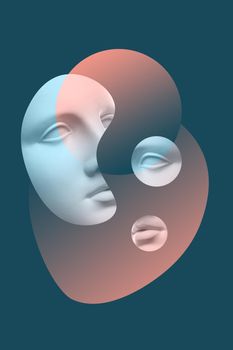 Collage with plaster antique sculpture of human face in a pop art style. Modern creative concept image with ancient statue head. Zine culture. Contemporary art poster. Retro design. Funky minimalism.